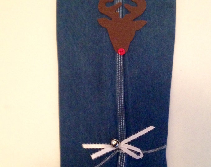 HALF PRICE ** Rudolph Reindeer Christmas Stocking made from Upcycled Wrangler blue jeans. Rudolph with Big Red Nose appliqued on each side