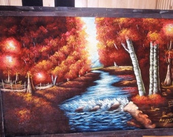 Vintage Velvet Painting/ Trees/ Stream/ Signed Argo