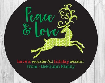 Deer Christmas Gift Stickers, Deer Holiday Gift Tags, Personalized Round Holiday Gift Labels, Peace and Love