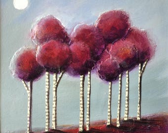 Nine Trees mounted acrylic painting folkart collage by Jane Palmer