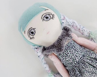 Blue hair fabric doll, rag doll, cloth handmade doll
