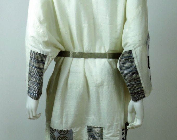 70s Afro Grecian Indian embroidered silk shantung boho caftan tunic dress