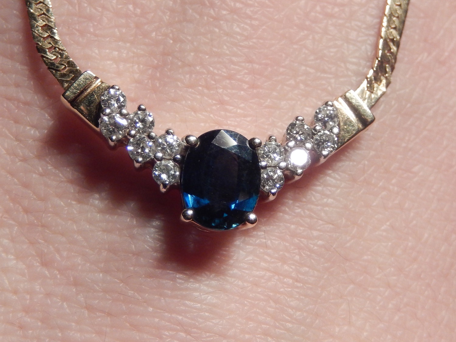 14K Yellow Gold Blue Sapphire Diamond Pendant Necklace