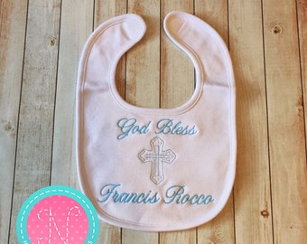 BABY BLUE Personalized Baptism bib, custom Christening bib - Embroidered Baptism Bib - Patterned Cross