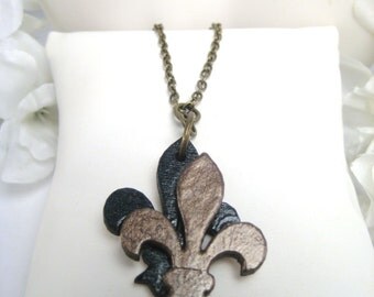Vieuxtique Original- Black & Gold Fleur de lis Pendant, 3D Fleur de lis Necklace, New Orleans Jewelry, Louisiana Jewelry, New Orleans Saints