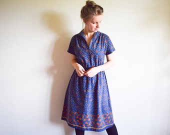 Vintage 70s Dress, Blue Floral Dress Large, Boho Cotton Dress With Flowers