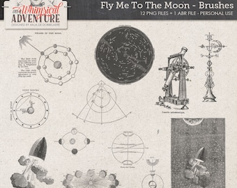 Moon, space, digital download, scrapbooking brushes stamps vintage, stars, galaxy, astronaut, cosmic, sci-fi, love, fly, rocket, Jules Verne