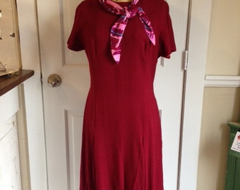 Deep red stewardess linen blend dress with neck scarf