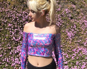Off The Shoulder Holographic Rave Crop Top, Off Shoulder Top, Long Sleeve Rave Top, Psychedelic Top, Burning Man