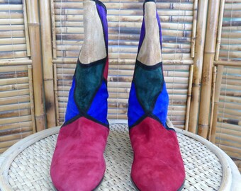 1980s Geometric Color Block Mid-Calf Italian Suede Boots - 7.5M
