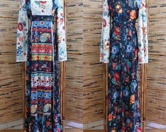 1960s/1970s Swiss Folk Art Print Maxi Dress with Bell Sleeves - Small/Medium