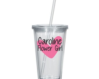 Flower Girl Tumbler with Straw, Flower Girl Tumbler with Heart, Gift for Flower Girl, Will you be my Flower Girl, Flower Girl Cup with Straw