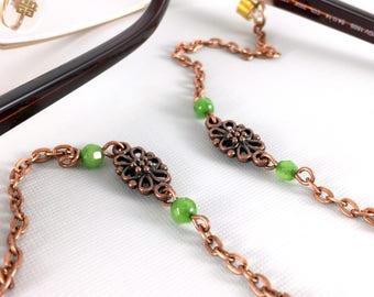 Green Jade and Copper Eyeglasses Chain, Copper Eyeglasses Chain, Eyeglass Holders Necklaces, Reading Glasses Holder, Eye Glass Chain, Go