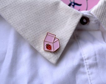 Pink Strawberry Milk Emaille Pin / brooch, 1 pcs (Pink strawberry pin, Pink pins)