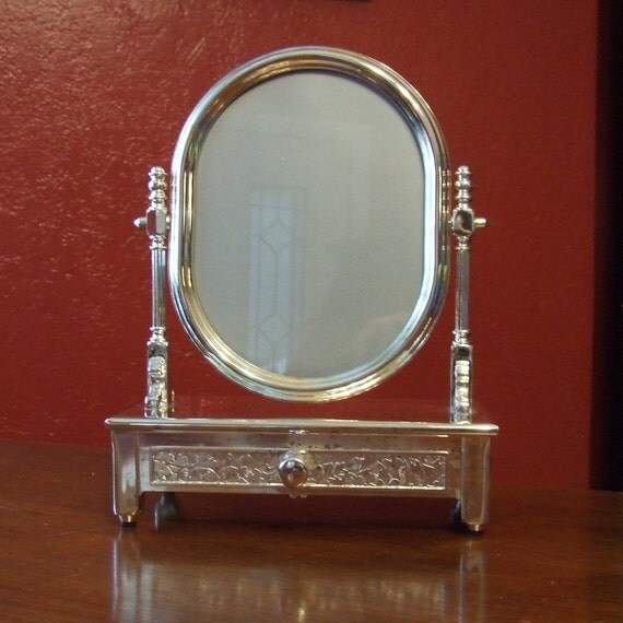 Vintage Silver Plated Tilting Vanity Mirror Jewelry Box