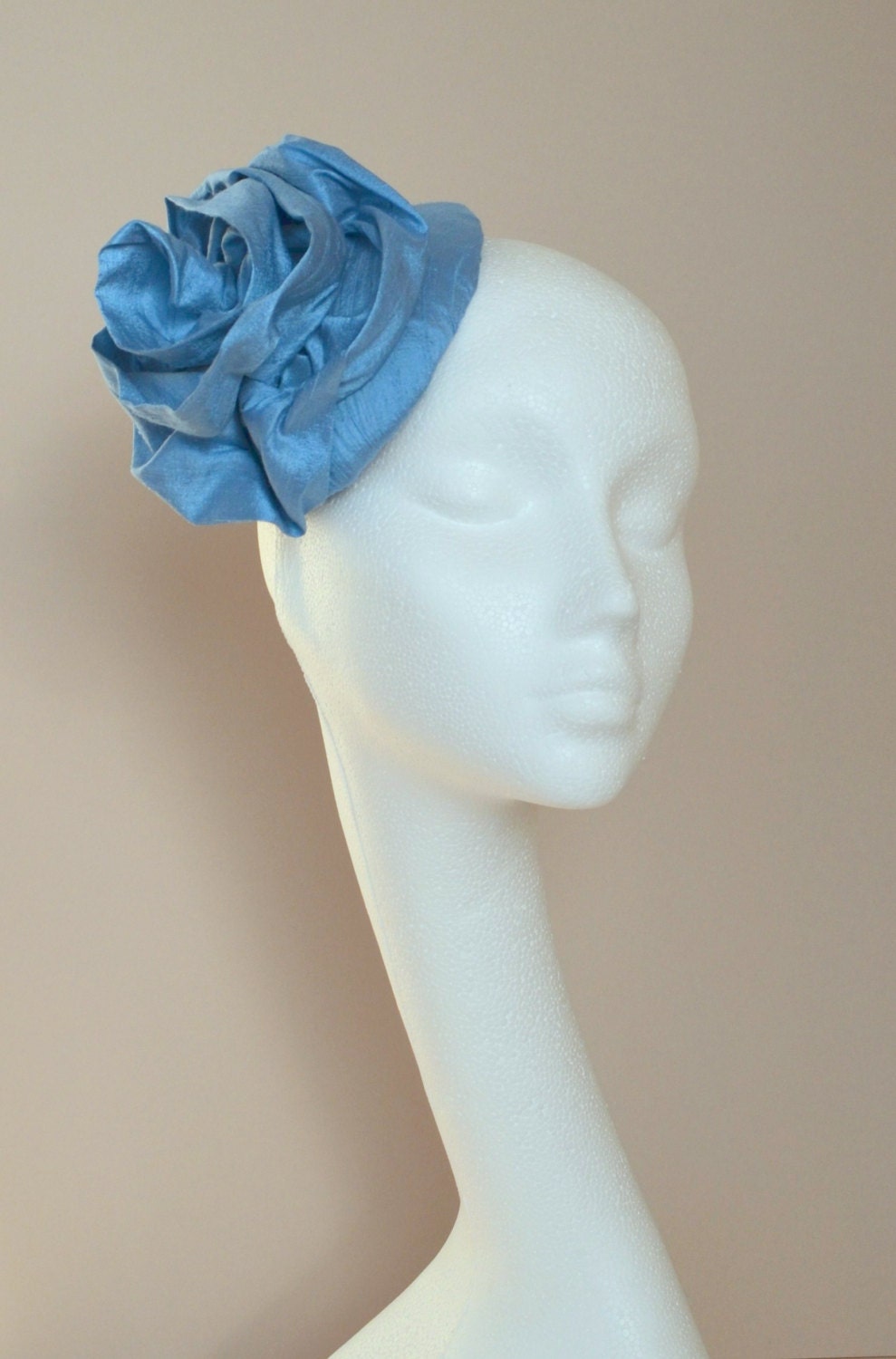 Blue silk flower fascinator. Pale blue fascinator. Blue
