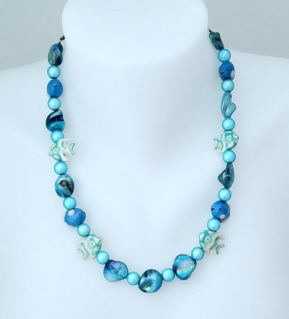 Chunky Beaded Necklace Fish Necklace Blue Necklace Summer