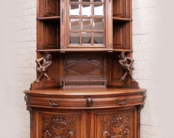 RARE Antique French Jester Whimsical Court Joker Corner Cabinet Walnut 19th Century #7282
