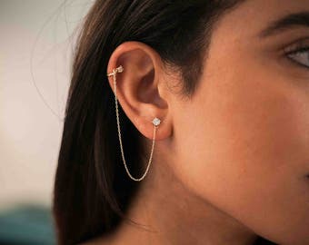 Minimalist zirconia studs - tiny cz stud earrings - gold ear cuff chain studs - cz chain stud earrings - dainty chain studs - minimal studs