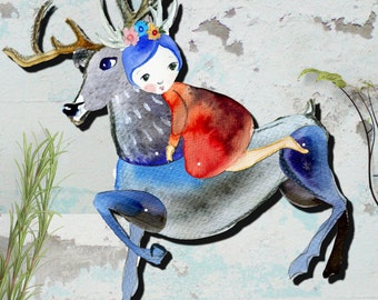Reindeer and a girl, articulated paper, Creative Kit DIY, animal paper dolls, Instant download, woodland puppets, Last minute gifts
