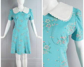 Vintage Womens 1960s Blue Floral Minidress with Peter Pan Collar | Size S/M