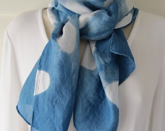 Hand-dyed habotai silk scarf, 10 x 58 inches, indigo, itajimi shibori