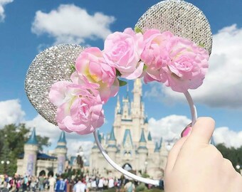 Silver Minnie Mouse ears with flower crown. Minnie Mouse headband - Festival Headbands - Fashion Headband - suitable for all ages