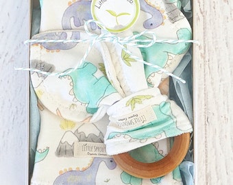 Baby Boy Gift Set, Organic Handmade Set, Compliant Teething Ring & Washcloth/Burp 2 in 1, Dinosaur Theme, Organic Sensory Teether, Baby Boy