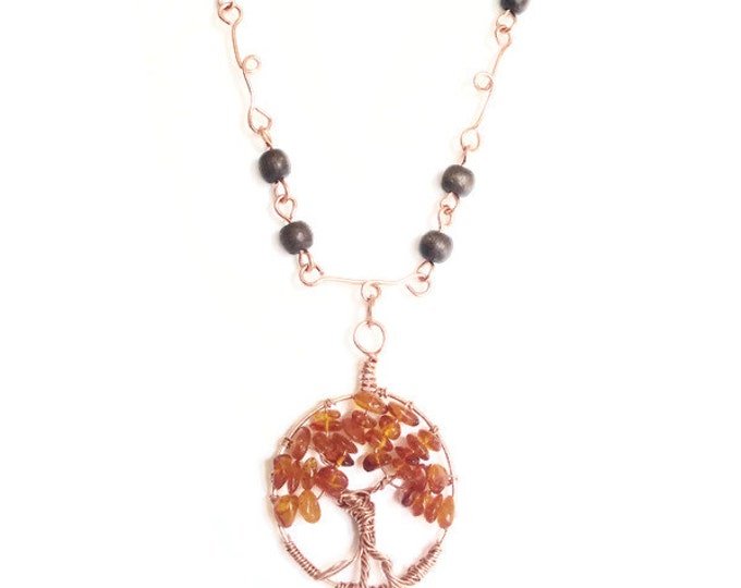Amber & Pukalet Copper Tree of Life Necklace, Tree of Life Pendant, Gemstone Necklace, Baltic Amber Necklace, Unique Birthday Gift, N004