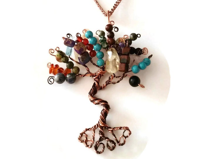 Multi Gemstone Tree of Life Necklace, Turquoise, Citrine, Sodalite, Carnelian, Agate, Jasper, Amber and Hematite Tree of Life