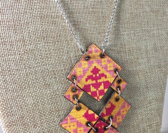 Yellow and Pink Aztec Pattern Wood Burned Necklace