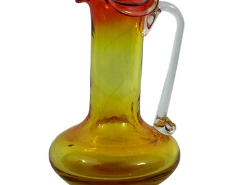 Amberina Hand-Blown Glass Pitcher - Yellow & Red with Clear Handle - Vintage