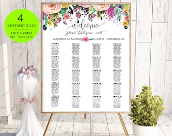 Wedding Seating Chart Template, DIY Floral Bohemian Wedding Seating Chart, Seating Poster Printable, Editable PDF instant download, boho,