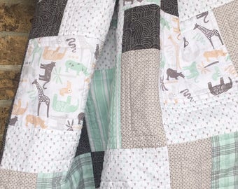 Modern Baby Quilt Handmade, Toddler Quilt, Mint & Gray Baby Quilt, Baby Boy Nursery Decor, Baby Boy Quilt, Patchwork Quilt