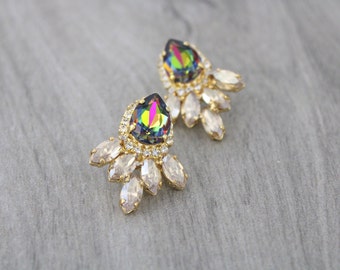 Crystal Bridal earrings, Wedding jewelry, Crystal earrings, Peacock crystal earrings, Champagne crystal earrings, Stud earrings, Swarovski