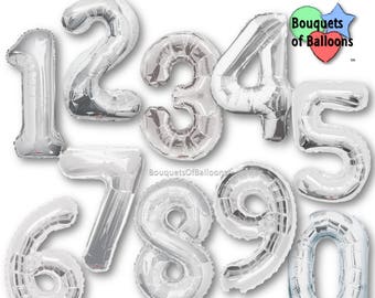 Big 34 Inch Silver Number Balloons - Any Number 0, 1, 2, 3, 4, 5, 6, 7, 8, 9, 10, 18, 21 - Birthday Age Balloons - Numbers - Number Balloons