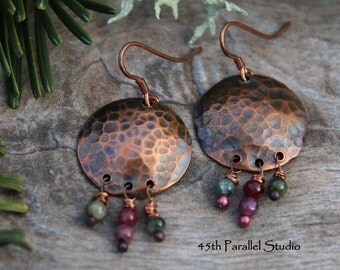 Tourmaline Copper Boho Earrings, Hammered Copper Dangle Earrings, Tribal Copper Earrings