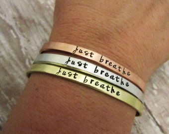 Just Breathe Bracelet - Yoga Bracelets - Adjustable Skinny Stacking Cuff - Hand Stamped Jewelry