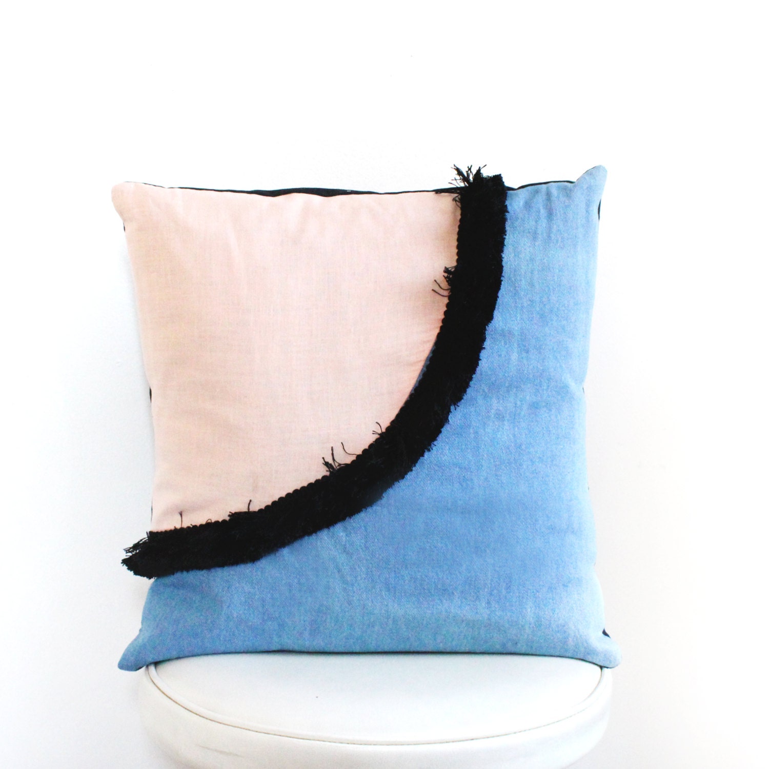 Denim and Pink Linen Throw Pillow with Black Fringe Abstract