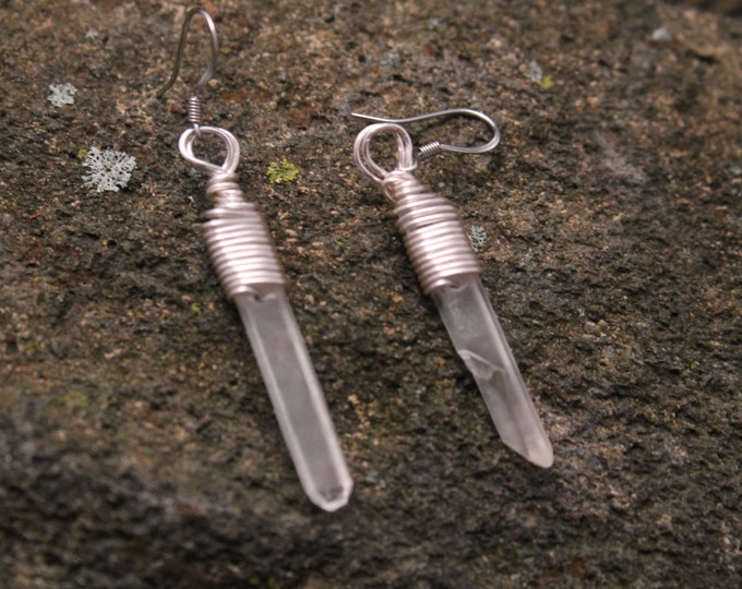 Quartz Crystal Tip Earrings, Silver Wire Wrap Jewelry, Stainless Steel French Hook, Skinny Dangle Earrings, BoHo Hippie Jewelry Gift for Her