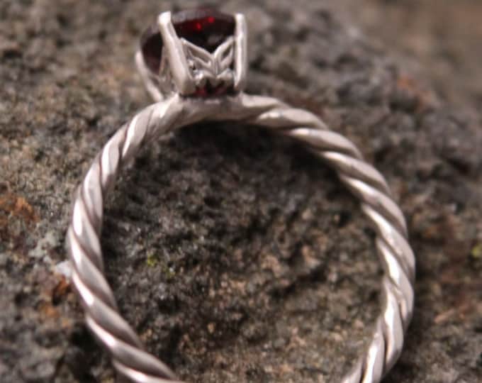 Braided Twisted Celtic Viking, Sterling Silver Red Garnet Gemstone Solitaire Stacking Ring Size 7, January Birthstone Birthday Gift for Her