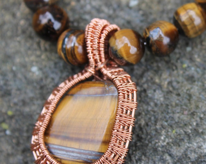 Tiger's Eye Necklace with Copper Wire Wrap, Gold and Brown Natural Stone Wire Weave Pendant, Jewelry Gift For Him or Her, Mens or Ladies