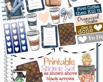 Planner Stickers, GLAM GIRL PLANNER Stickers, Dark Skin African American Planner Girl Stickers, First Coffee, Checklist, Fashion Girl