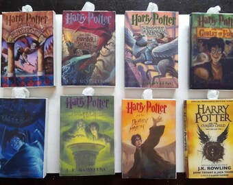Handmade Harry Potter Ornament Set , J.K. Rowling Book Ornaments, Set of 8 small or jumbo size Book Ornaments. Made to order.