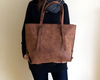 Faux Leather Brown Tote Bag - Vegan Handbag - Water Resistant - Vegan Leather - Rustic Leather - Distressed Leather - Boho Bag - Gift