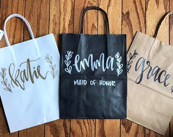 Custom name gift bags - bridesmaid gift bags, groomsman gift bags, wedding party gift bag, hand lettered, wedding gift bags, custom gift bag