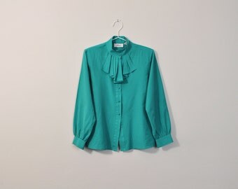 Vintage Secretary Blouse, Victorian Style Blouse, High Collar Blouse, Pleated Collar Blouse, Teal Blouse, Long Sleeve Button Up Loose Blouse