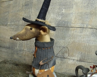 Primitive Halloween Witch Mouse/trick or treat/doll/handmade/prim/primitive witch/primitive mouse/pumpkin/jack