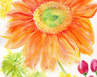 Gerber Daisy Watercolor Painting Original, flowers painting watercolor, flower artwork, red, orange green , yellow 8 x 10, SharonFosterArt