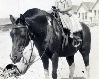 vintage photo 1920 Little Girl Riding her Horse Pony at Beach